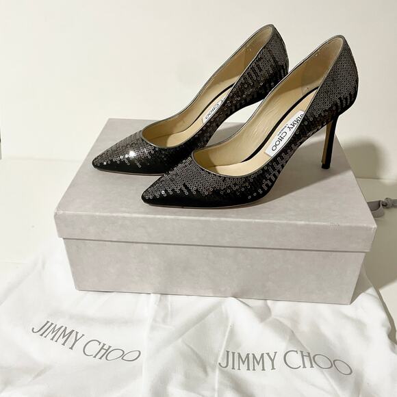 Jimmy Choo Romy 85 Pumps Black Satin Silver Sequin Heels